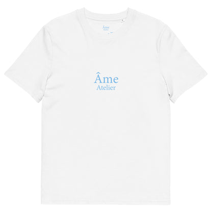 Front view of Dopamine organic cotton t-shirt in white with frozen blue details