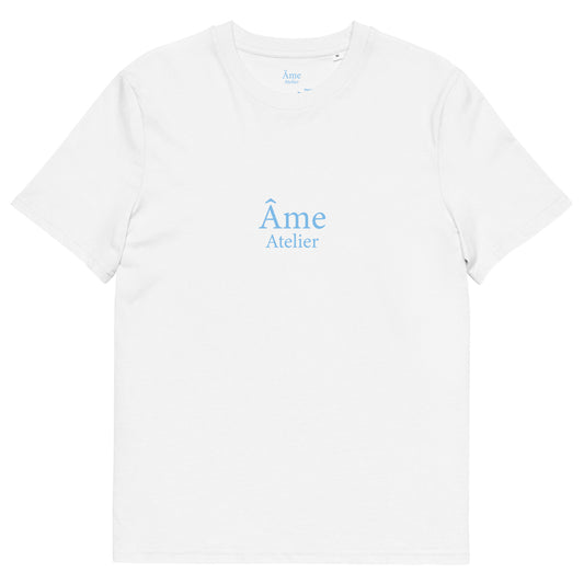 Front view of Dopamine organic cotton t-shirt in white with frozen blue details