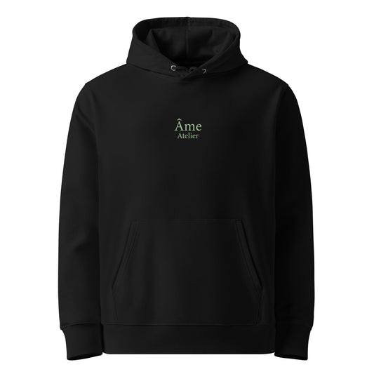 Front view of Euphorie organic cotton hoodie in black with pistachio print