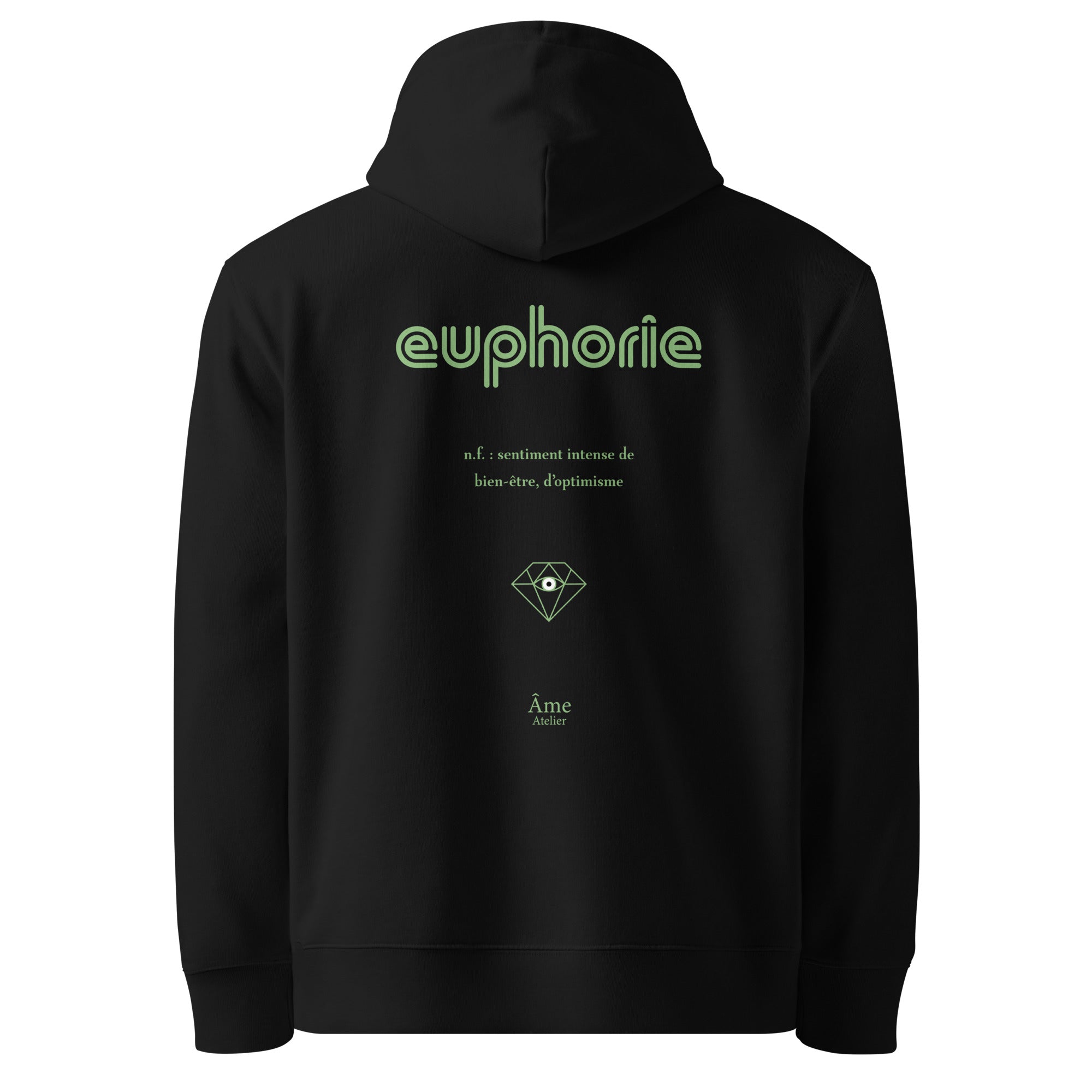 Back view of Euphorie organic cotton hoodie in black with pistachio print