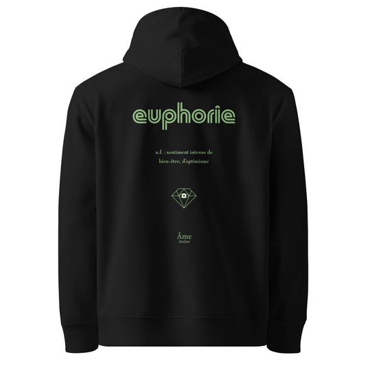 Back view of Euphorie organic cotton hoodie in black with pistachio print