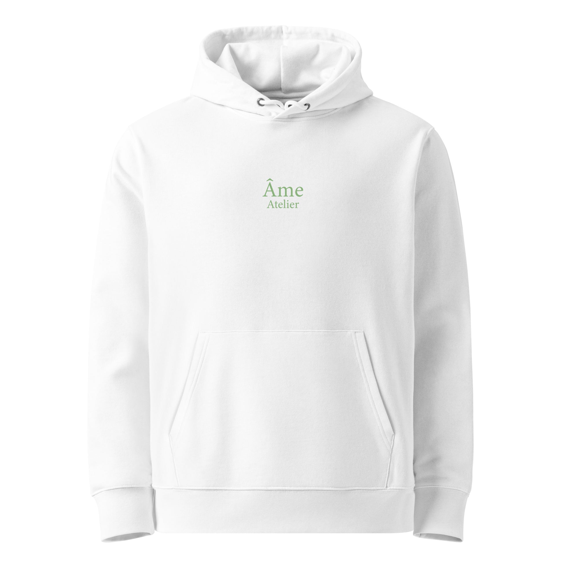 Front view of Euphorie organic cotton hoodie in white with pistachio print