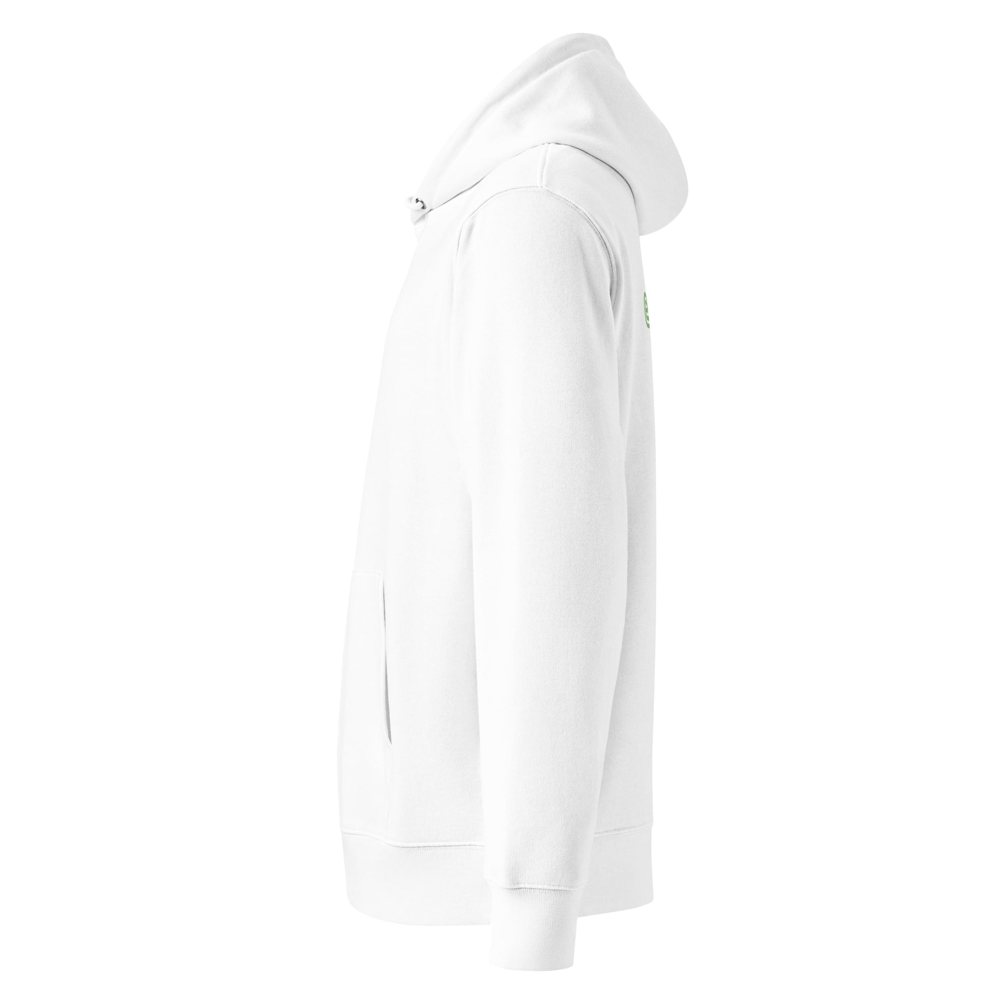 Side view of Euphorie organic cotton hoodie in white with pistachio print