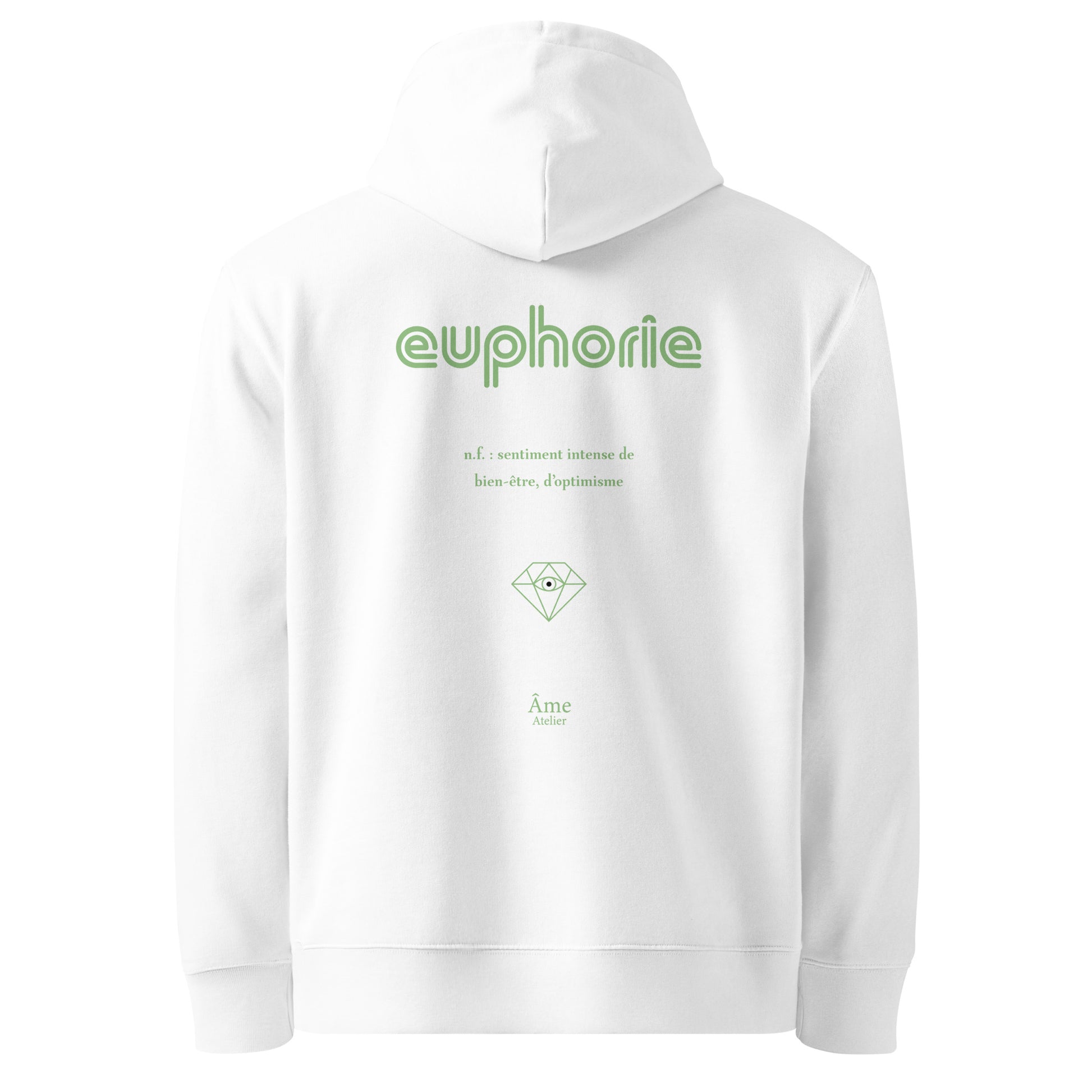 Back view of Euphorie organic cotton hoodie in white with pistachio print