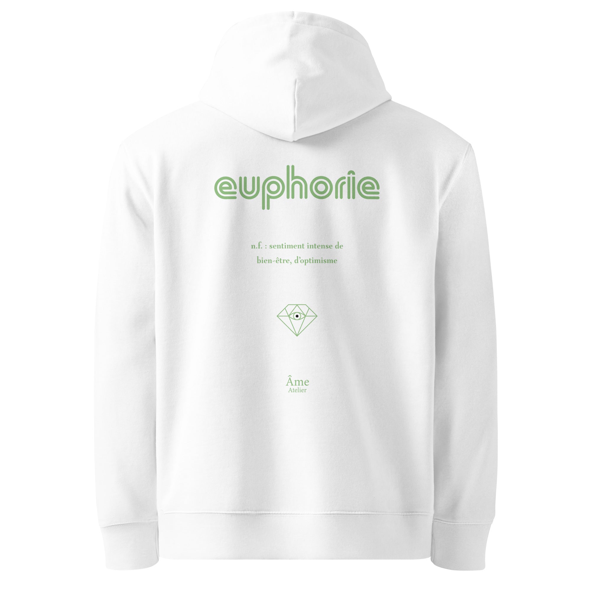 Back view of Euphorie organic cotton hoodie in white with pistachio print