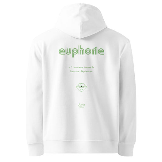 Back view of Euphorie organic cotton hoodie in white with pistachio print