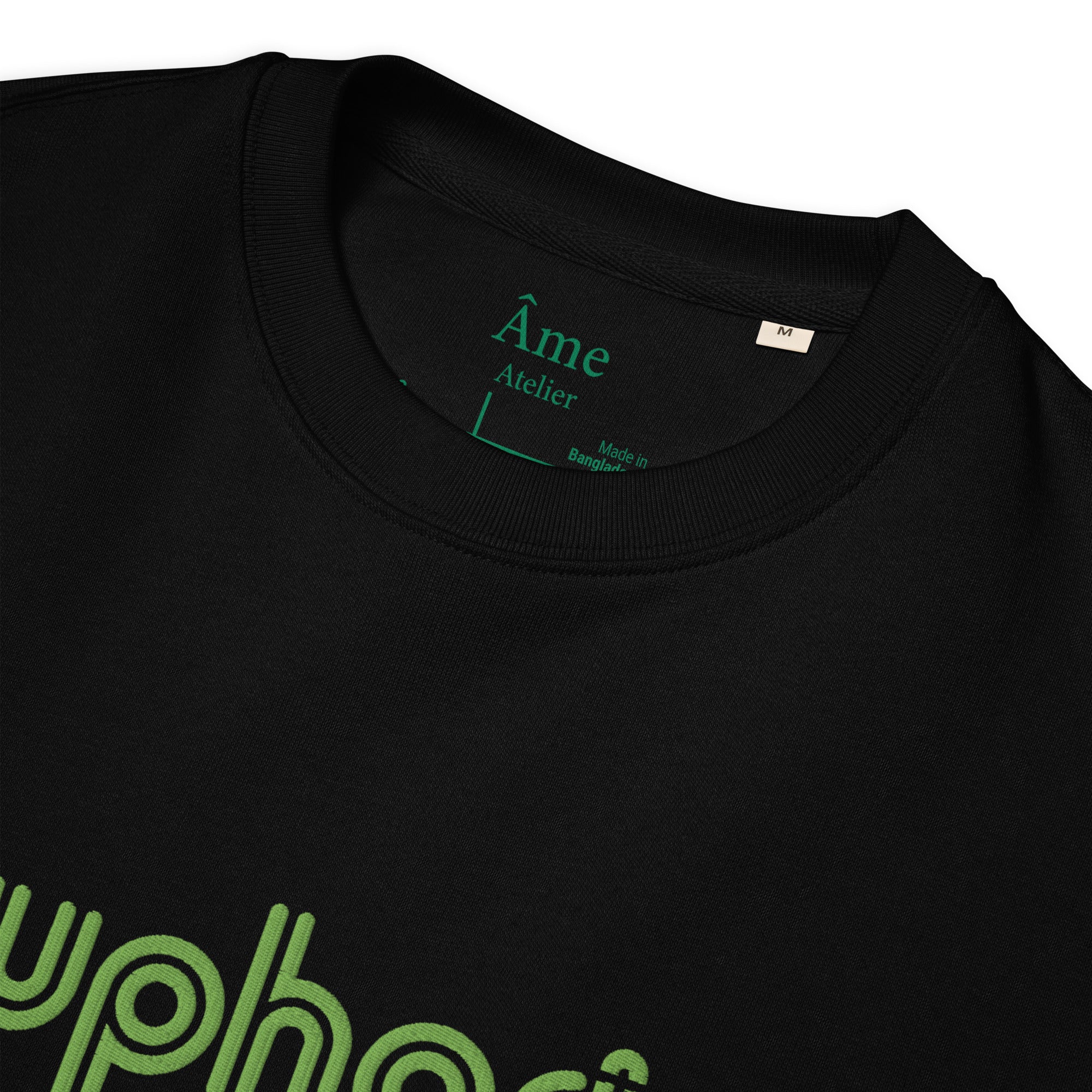 Close up of Euphorie embroidered sweatshirt in black