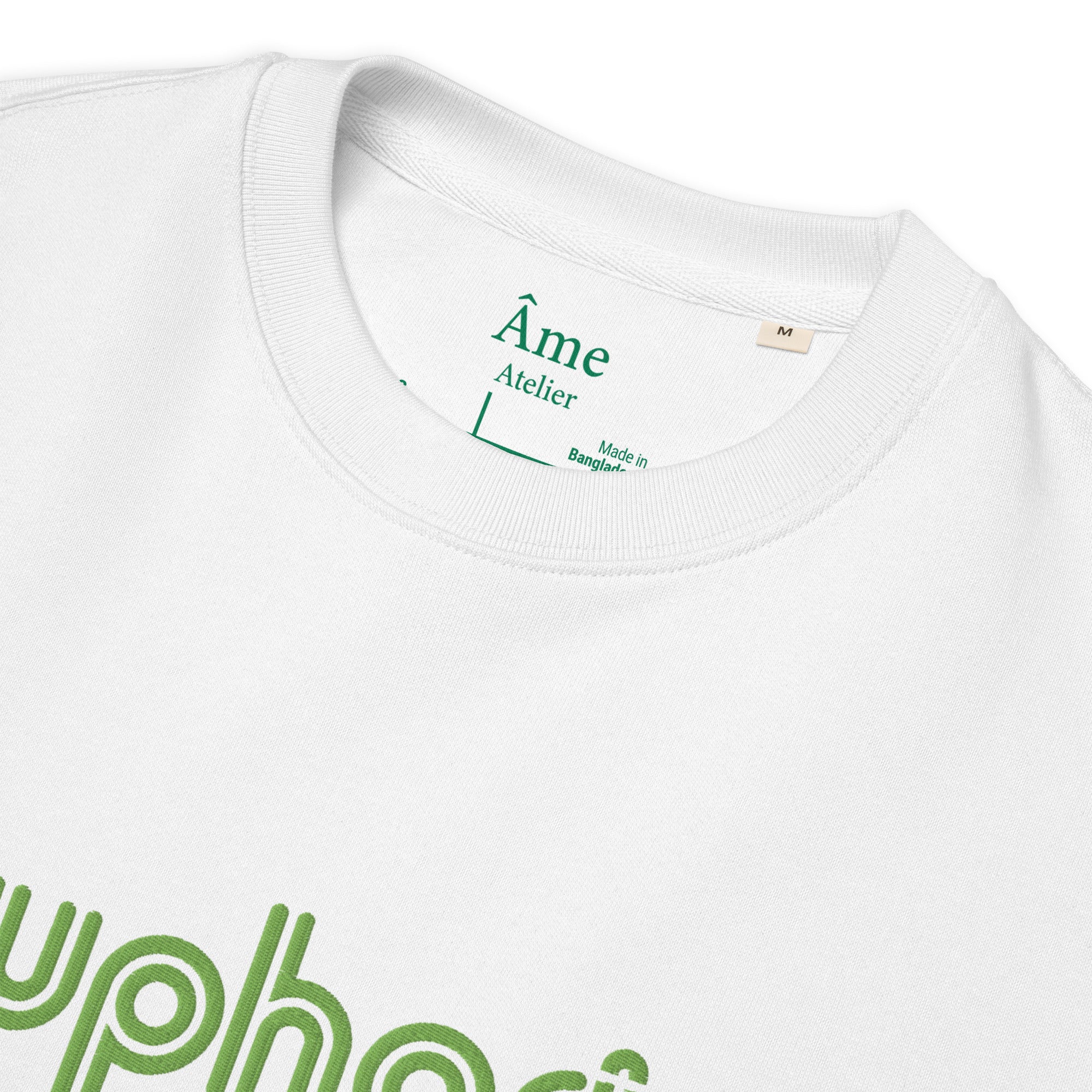 Close up of Euphorie embroidered in white