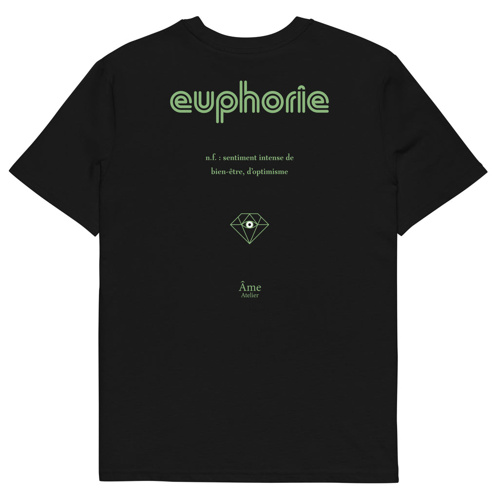 Back view of Euphorie organic cotton t-shirt in black with pistachio details