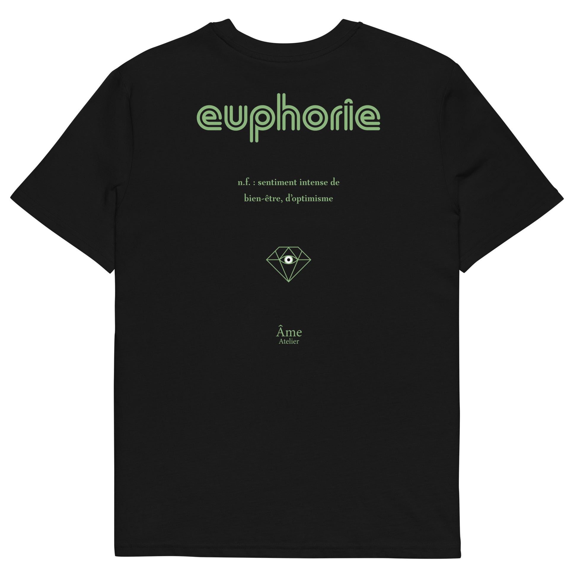 Back view of Euphorie organic cotton t-shirt in black with pistachio details
