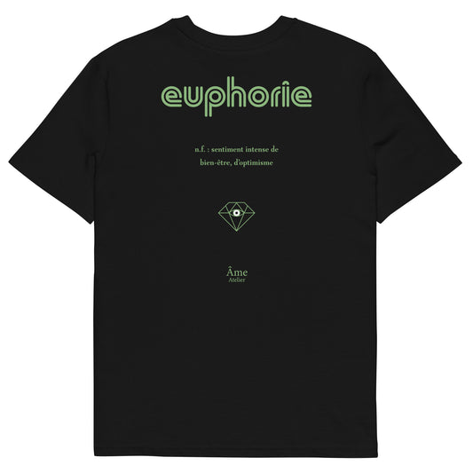 Back view of Euphorie organic cotton t-shirt in black with pistachio details