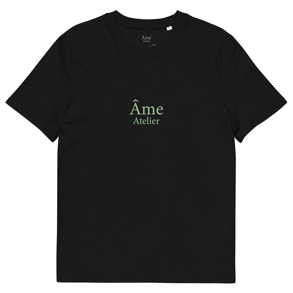 Front view of Euphorie organic cotton t-shirt in black with pistachio details