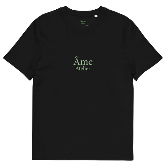 Front view of Euphorie organic cotton t-shirt in black with pistachio details
