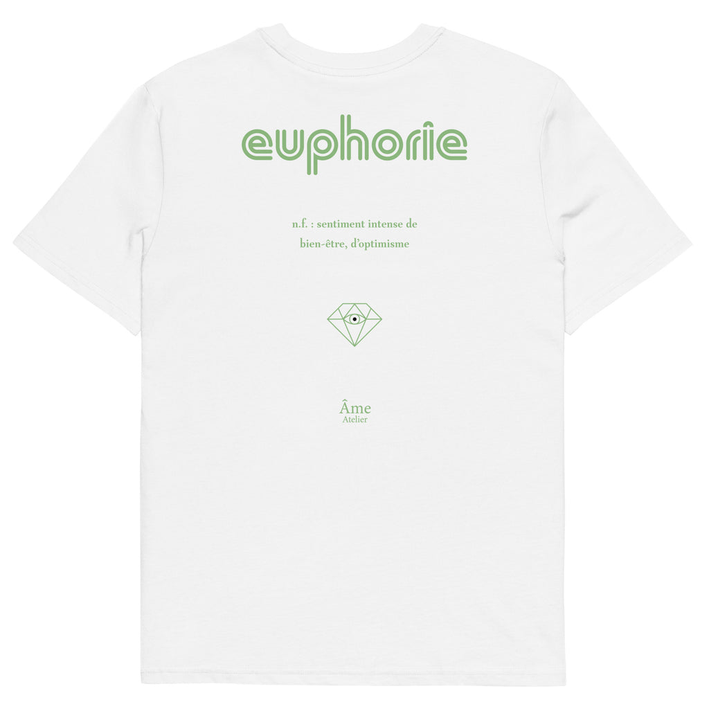 Back view of Euphorie organic cotton t-shirt in white with pistachio details