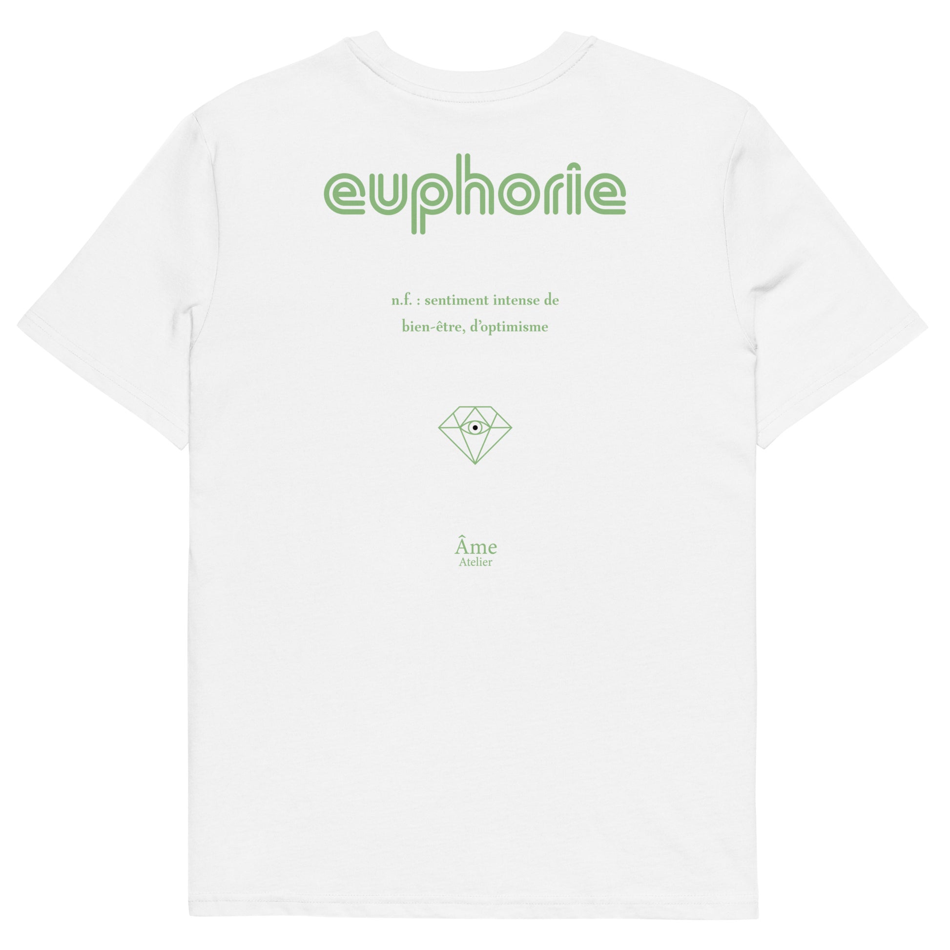 Back view of Euphorie organic cotton t-shirt in white with pistachio details