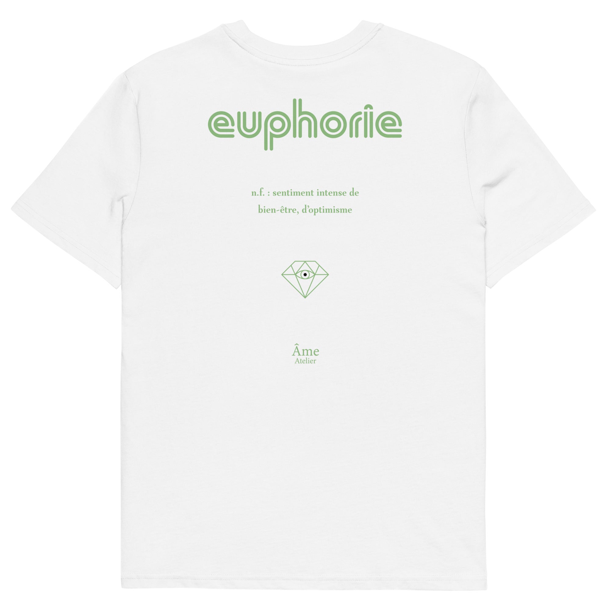 Back view of Euphorie organic cotton t-shirt in white with pistachio details