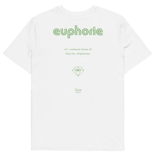 Back view of Euphorie organic cotton t-shirt in white with pistachio details