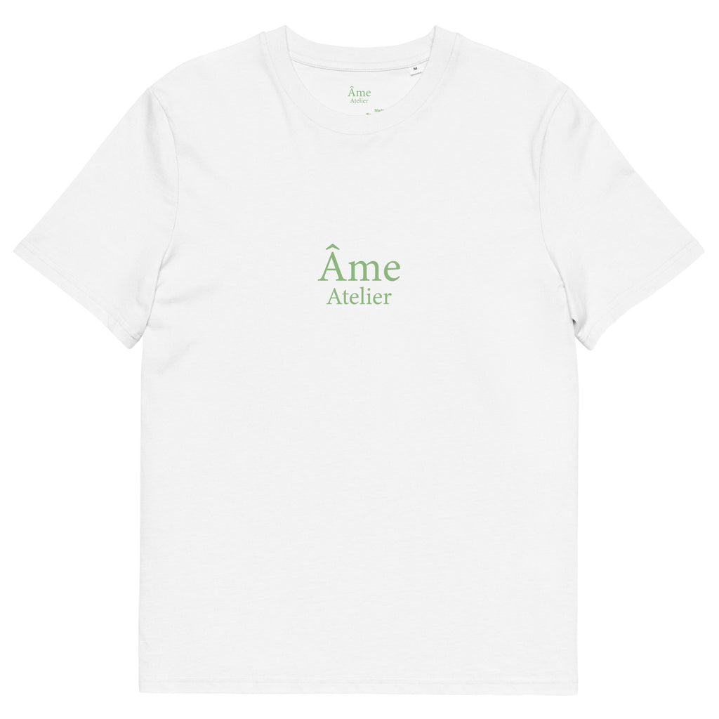 Front view of Euphorie organic cotton t-shirt in white with pistachio details