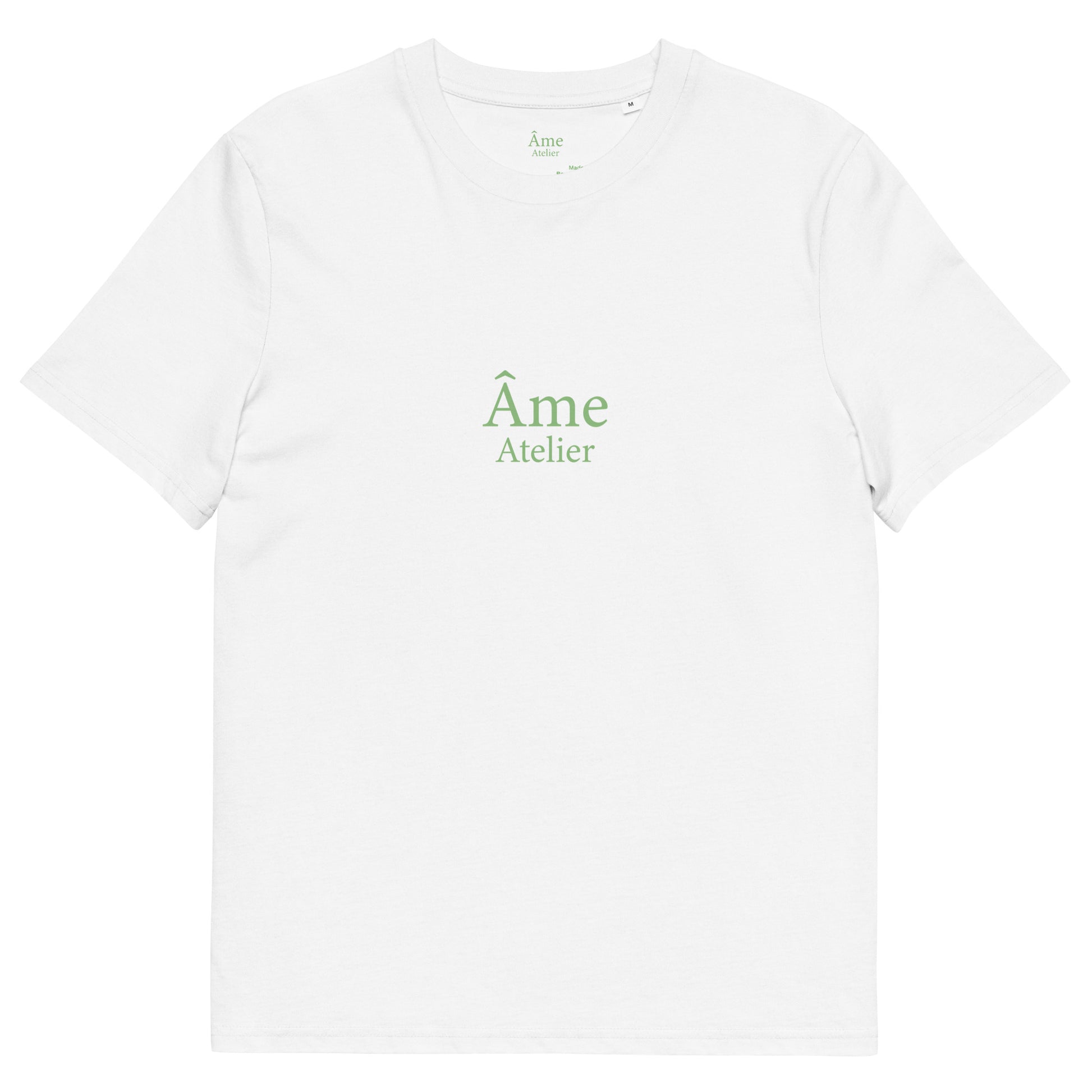 Front view of Euphorie organic cotton t-shirt in white with pistachio details