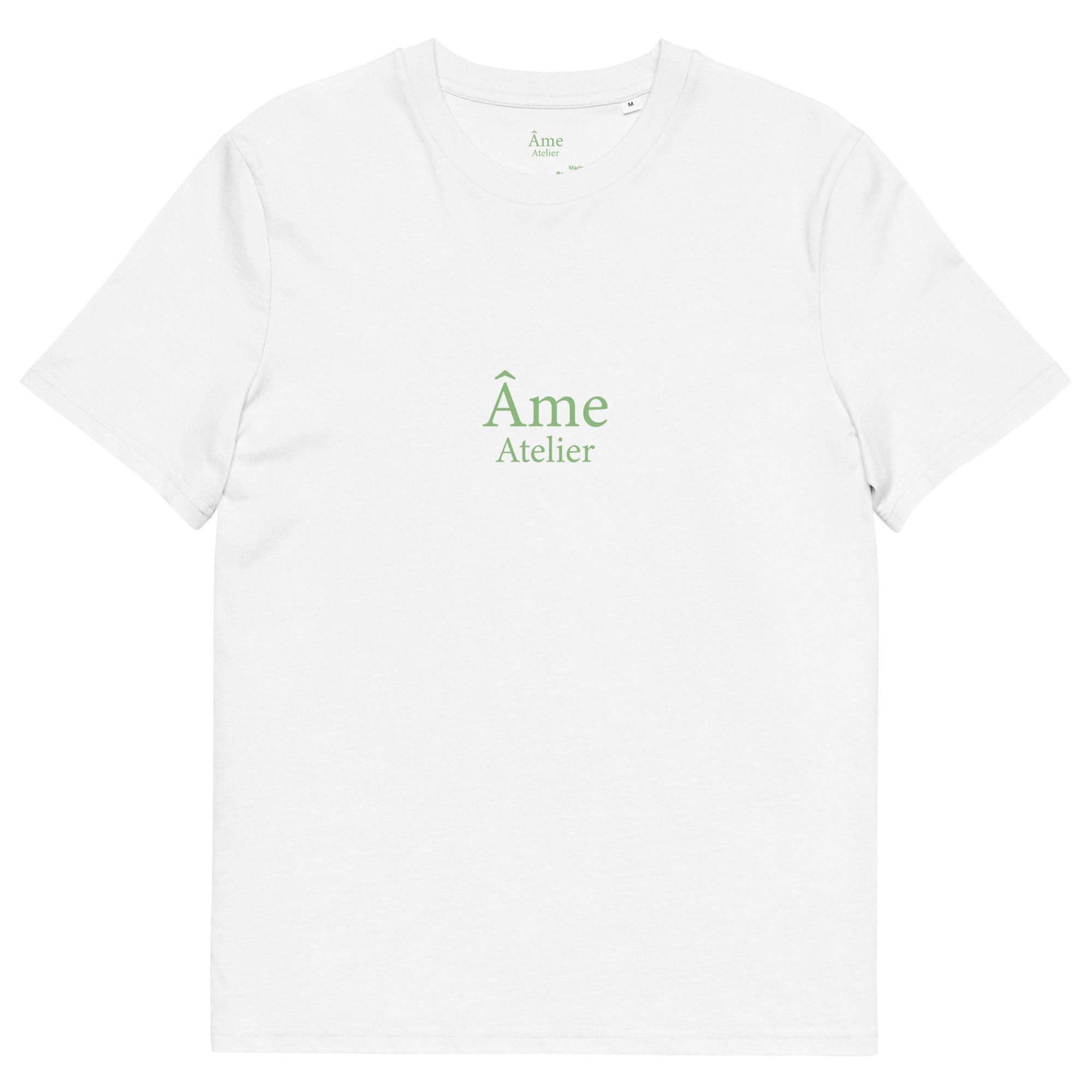 Front view of Euphorie organic cotton t-shirt in white with pistachio details