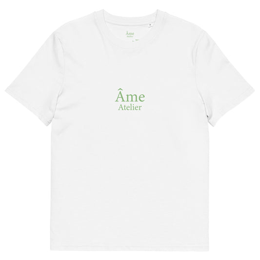 Front view of Euphorie organic cotton t-shirt in white with pistachio details