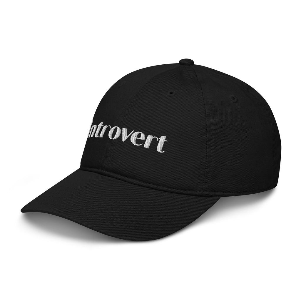 Side view of Introvert black cap in organic cotton with the word introvert embroidered mockup