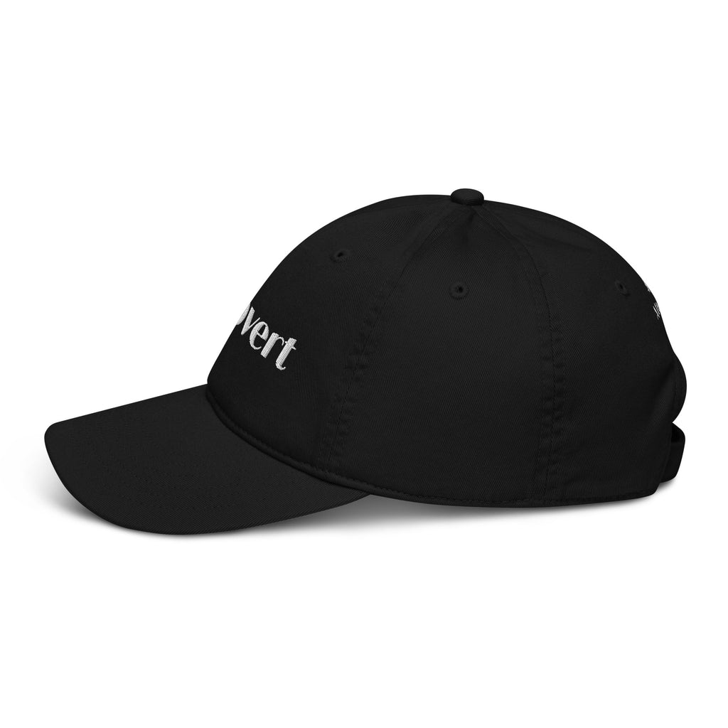 Side view of Introvert black cap in organic cotton with the word introvert embroidered