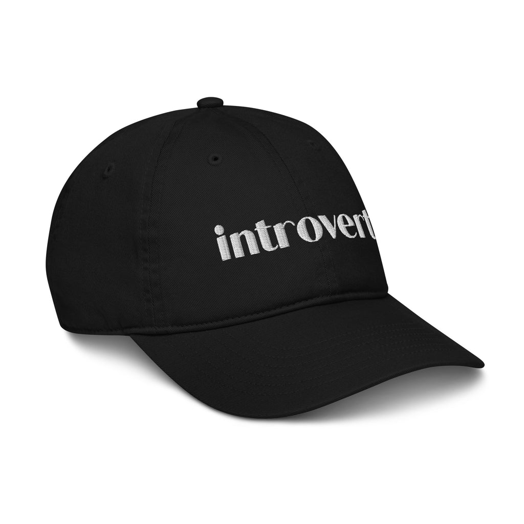 View of Introvert black cap in organic cotton with the word introvert embroidered