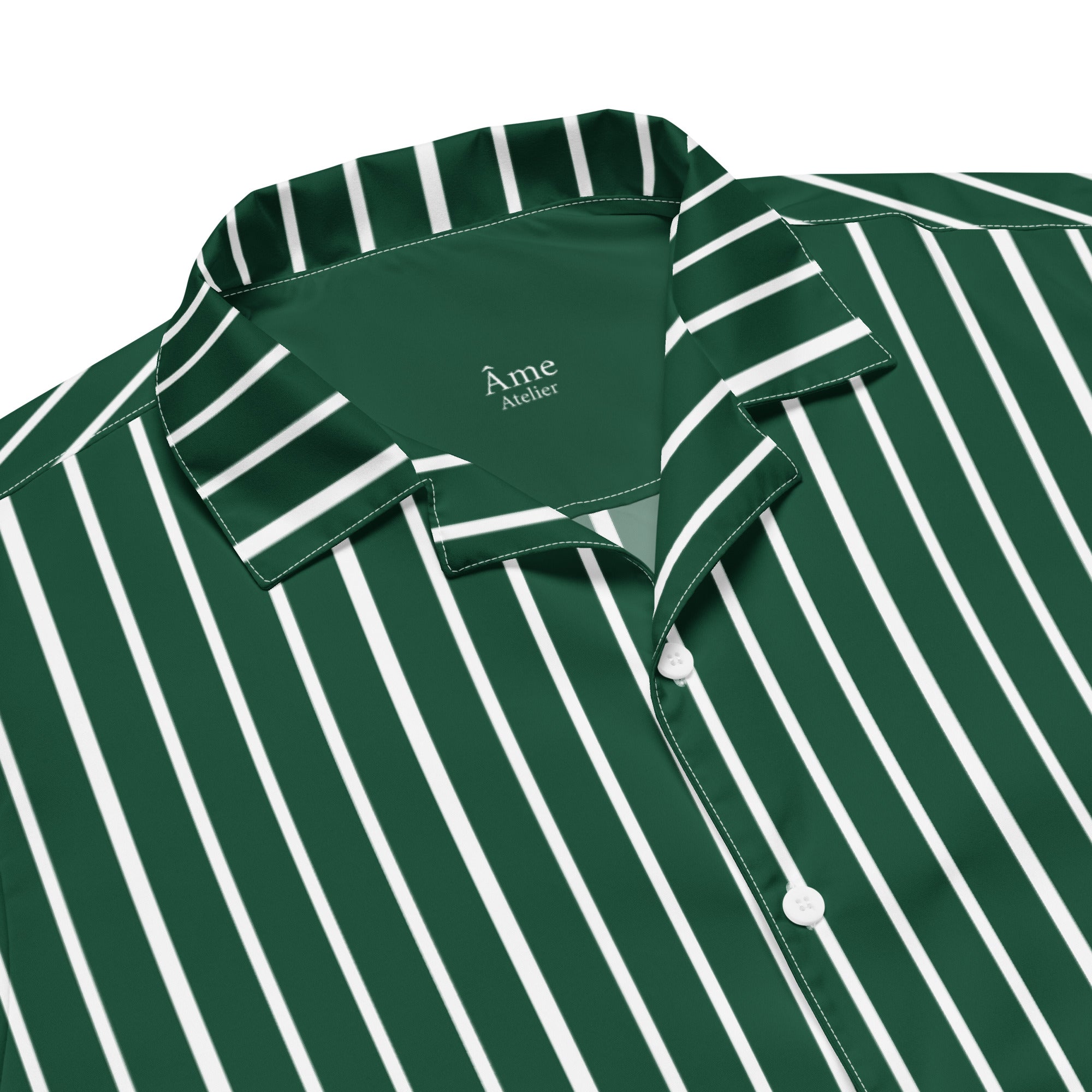 Close up of La Rayée striped shirt in abyss green