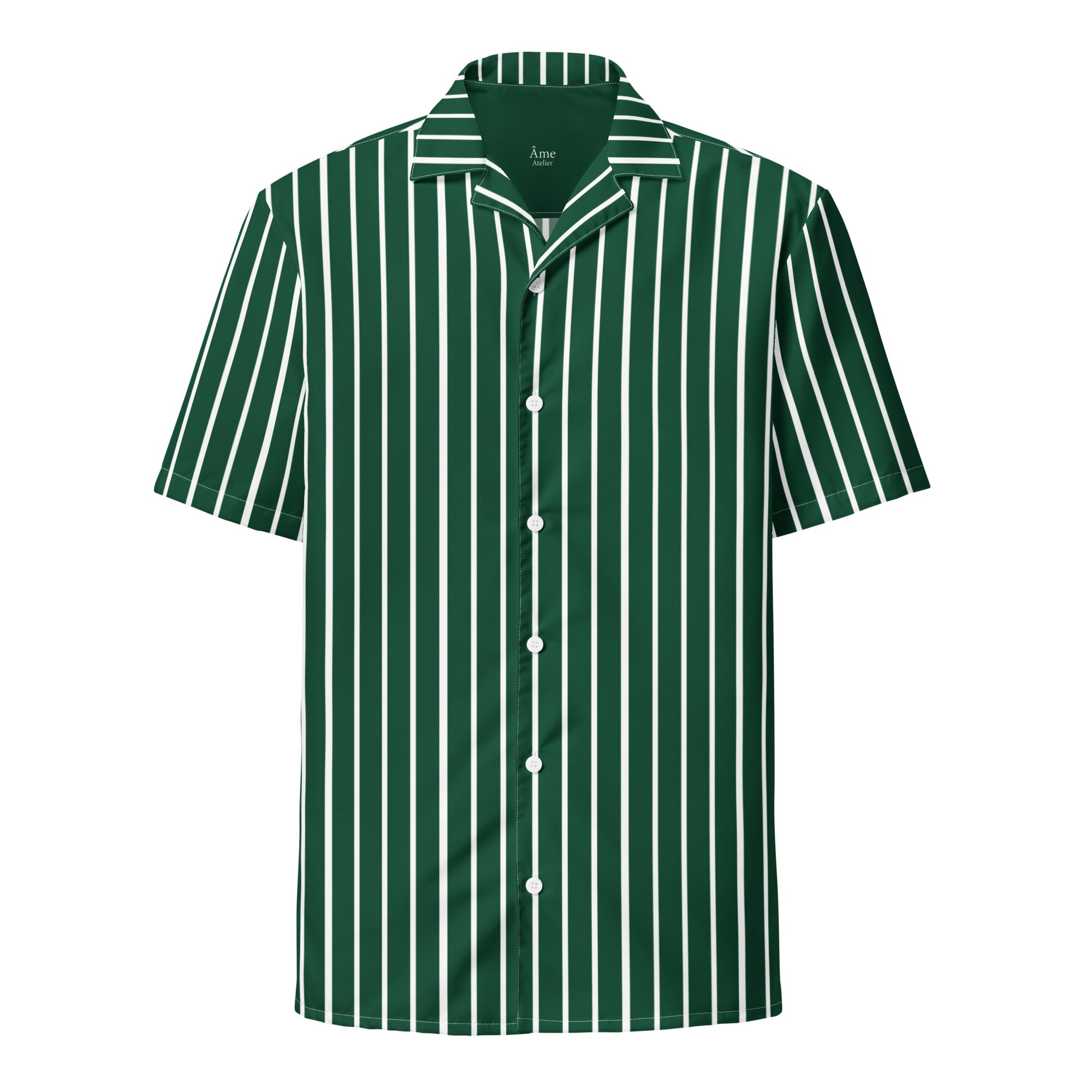 Front view of La Rayée striped shirt in abyss green