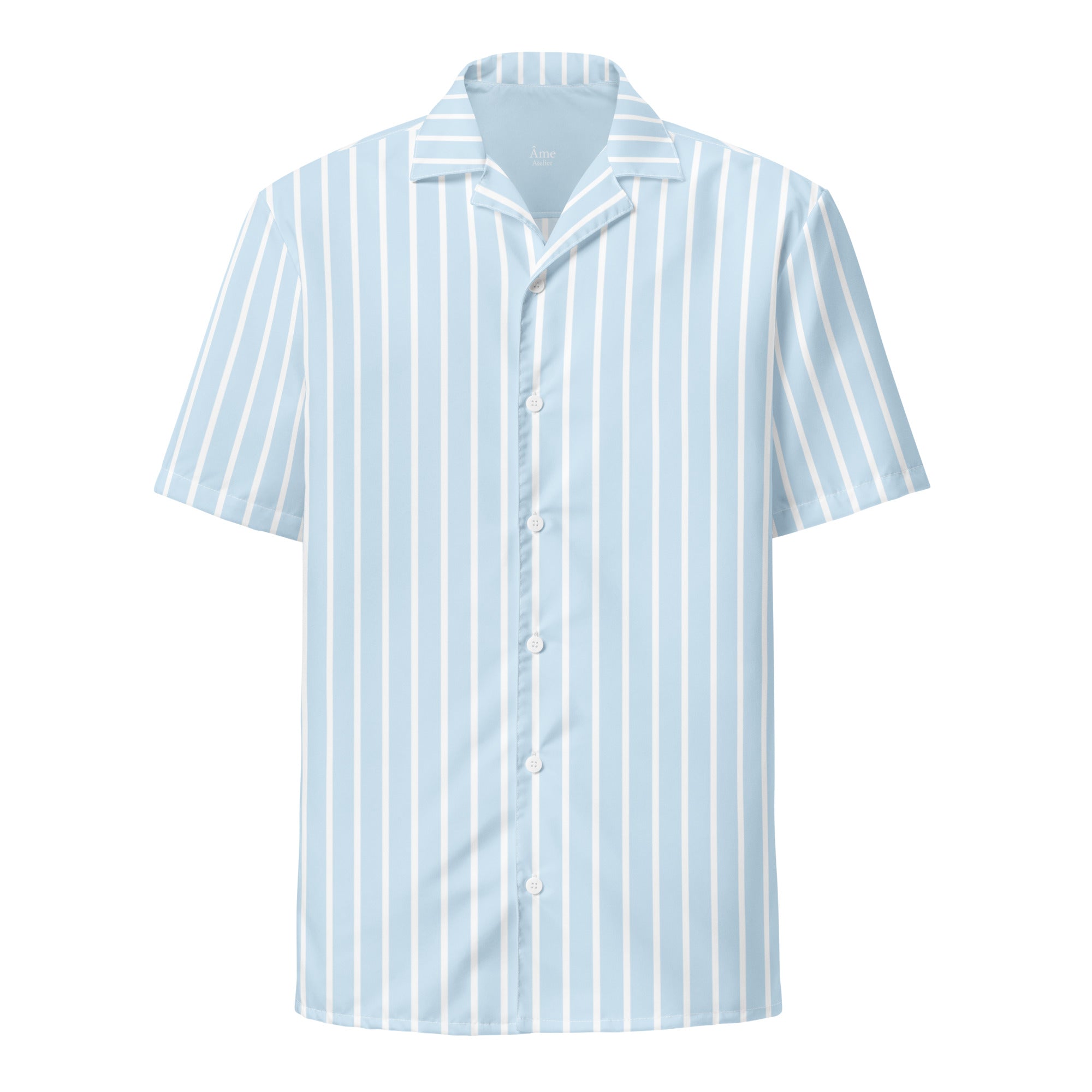 Front view of La Rayée striped shirt in frozen blue