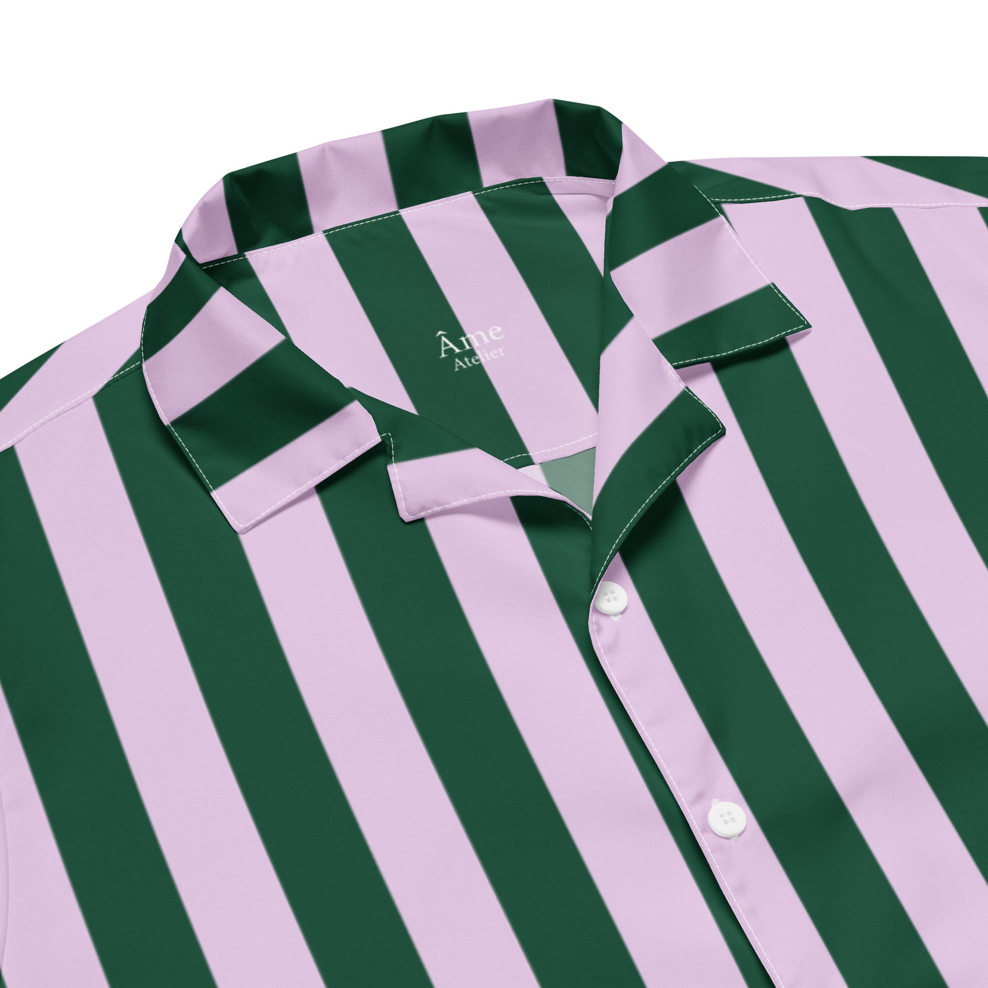 Close up of La Vibrante striped shirt in abyss green and powder pink