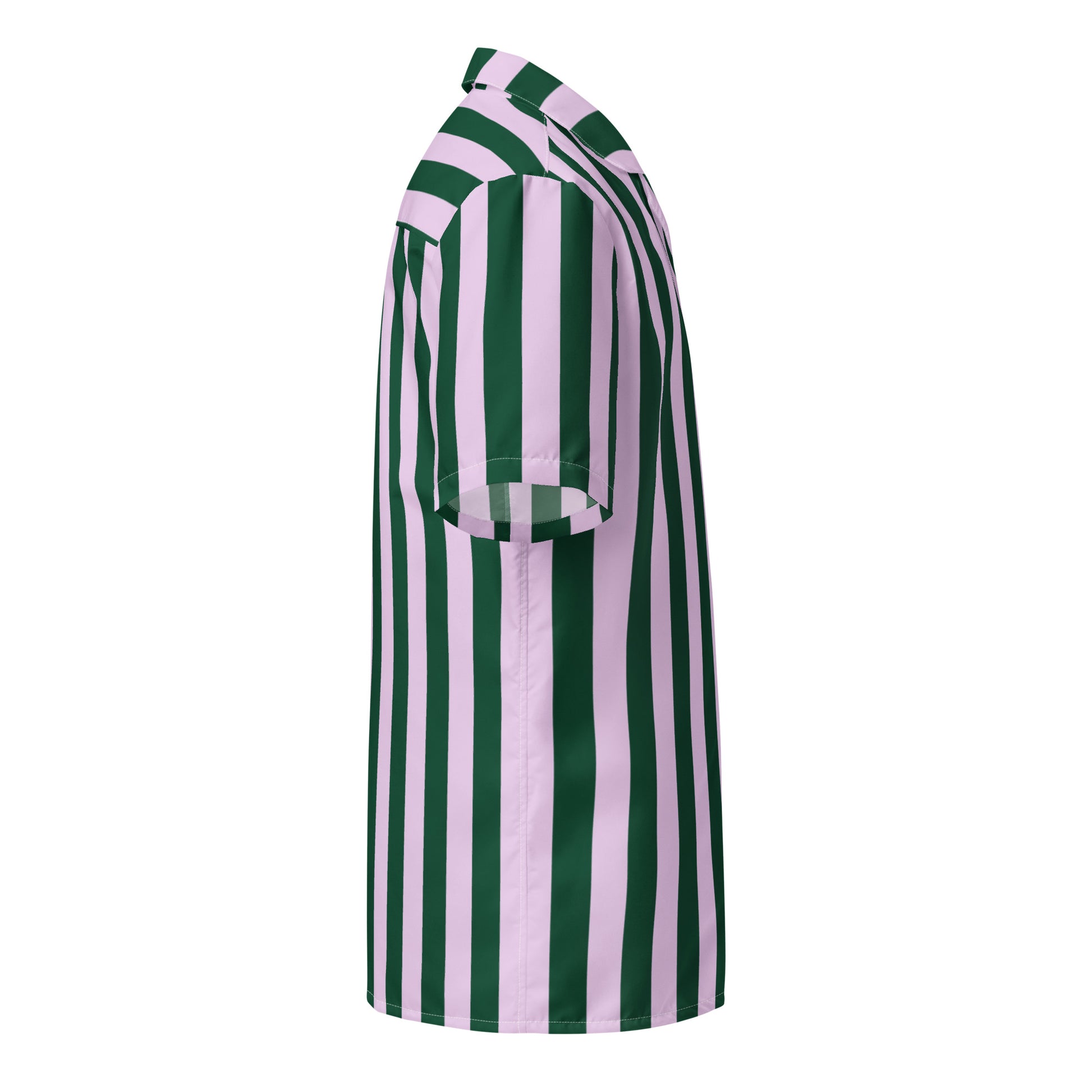 Side view of La Vibrante striped shirt in abyss green and powder pink