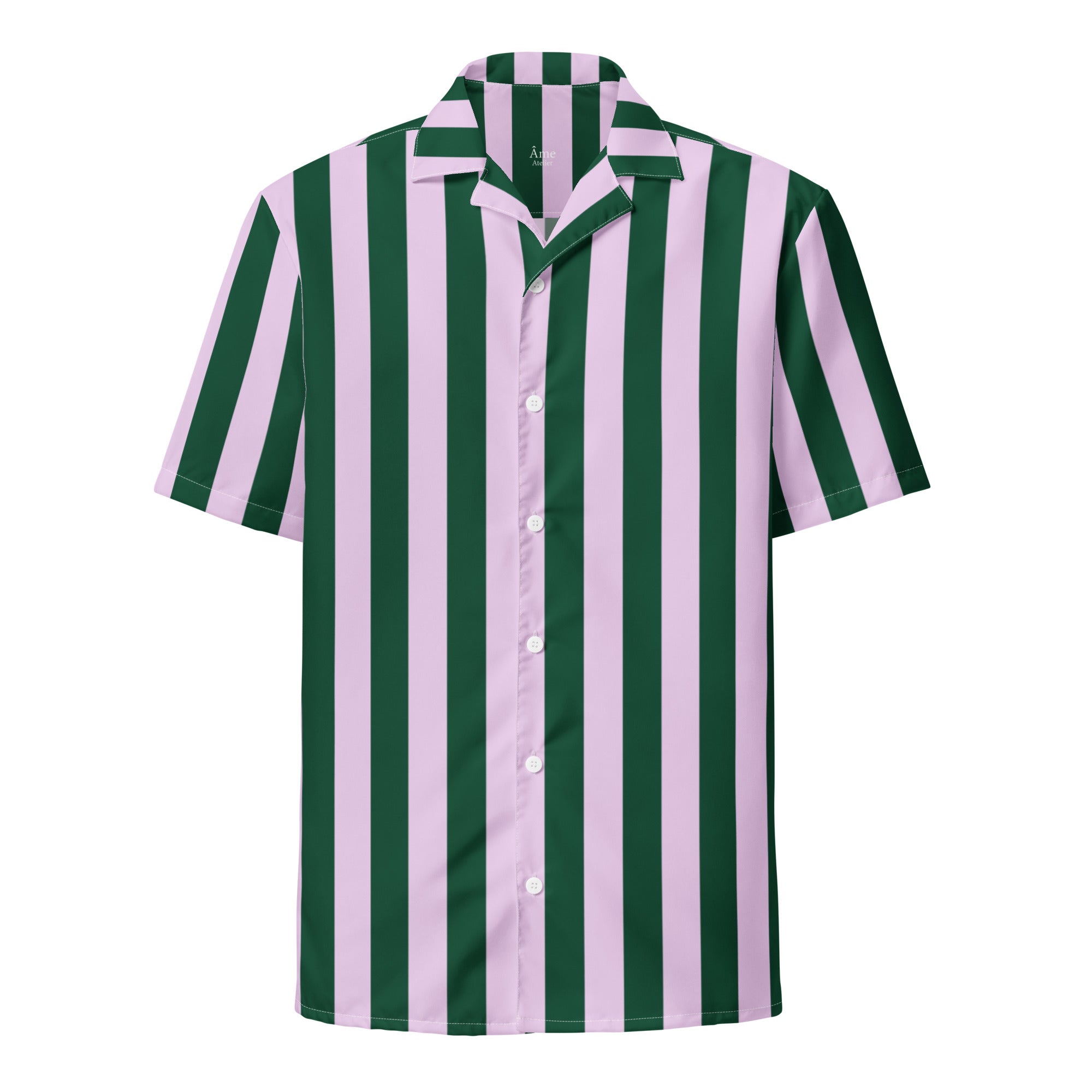 Front view of La Vibrante striped shirt in abyss green and powder pink