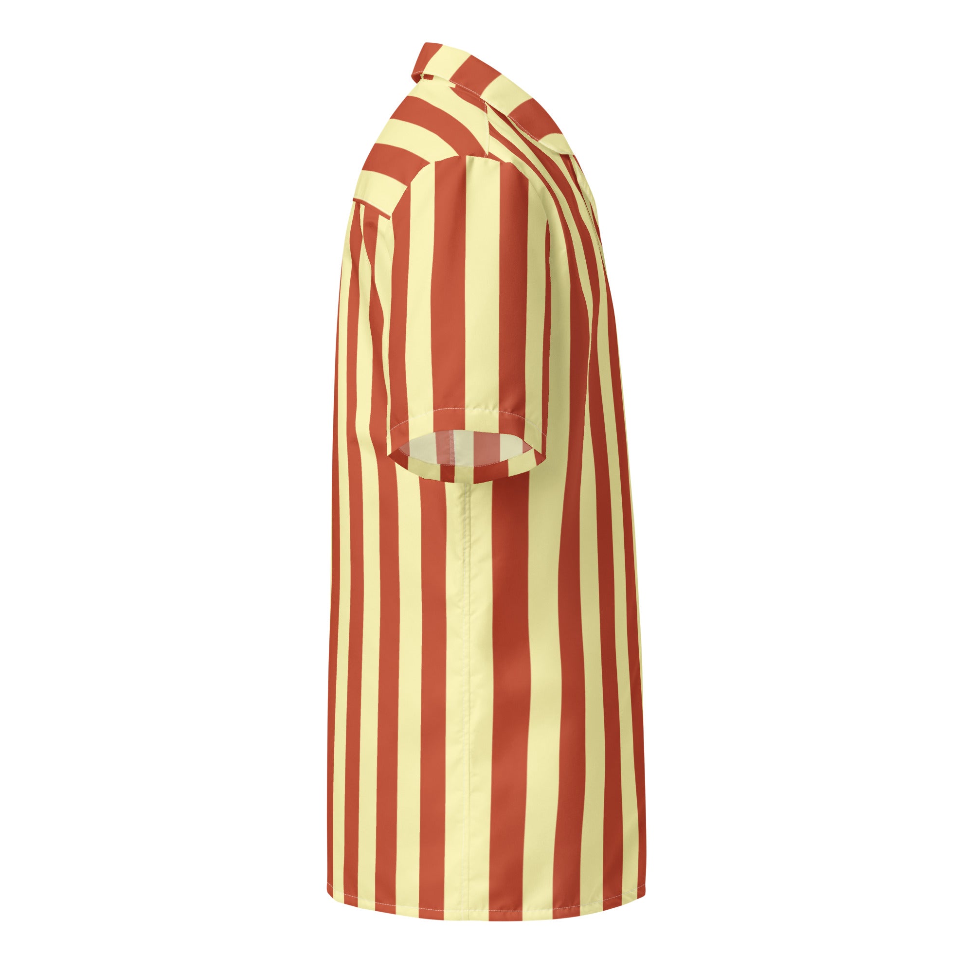Side view of La Vibrante striped shirt in terracotta and soft yellow
