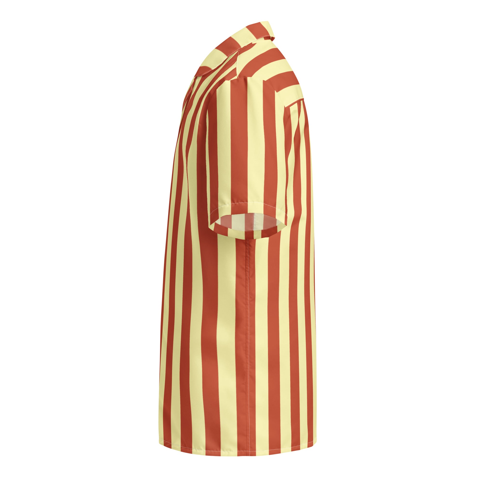 Side view of La Vibrante striped shirt in terracotta and soft yellow