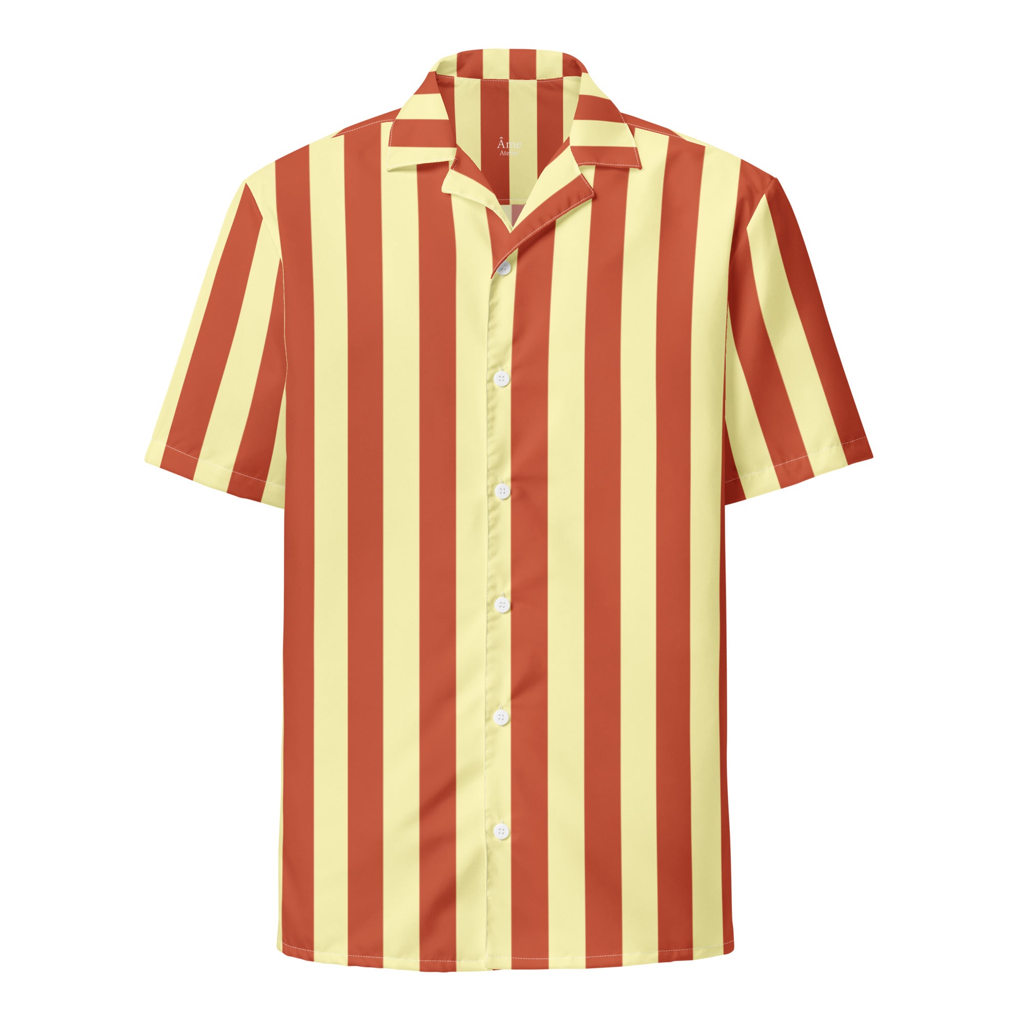 Front view of La Vibrante striped shirt in terracotta and soft yellow