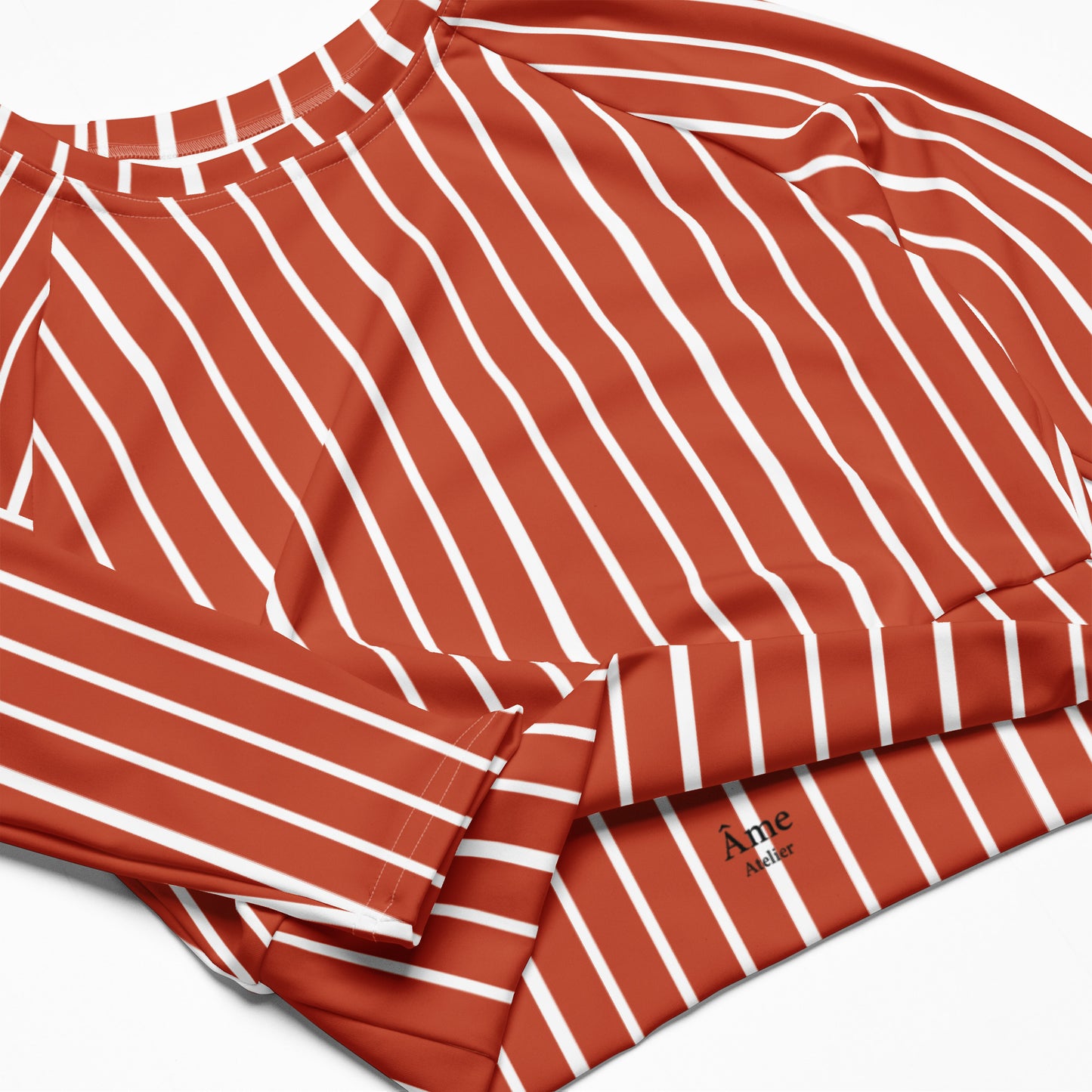 Close up of Le Rayé striped crop top in terracotta