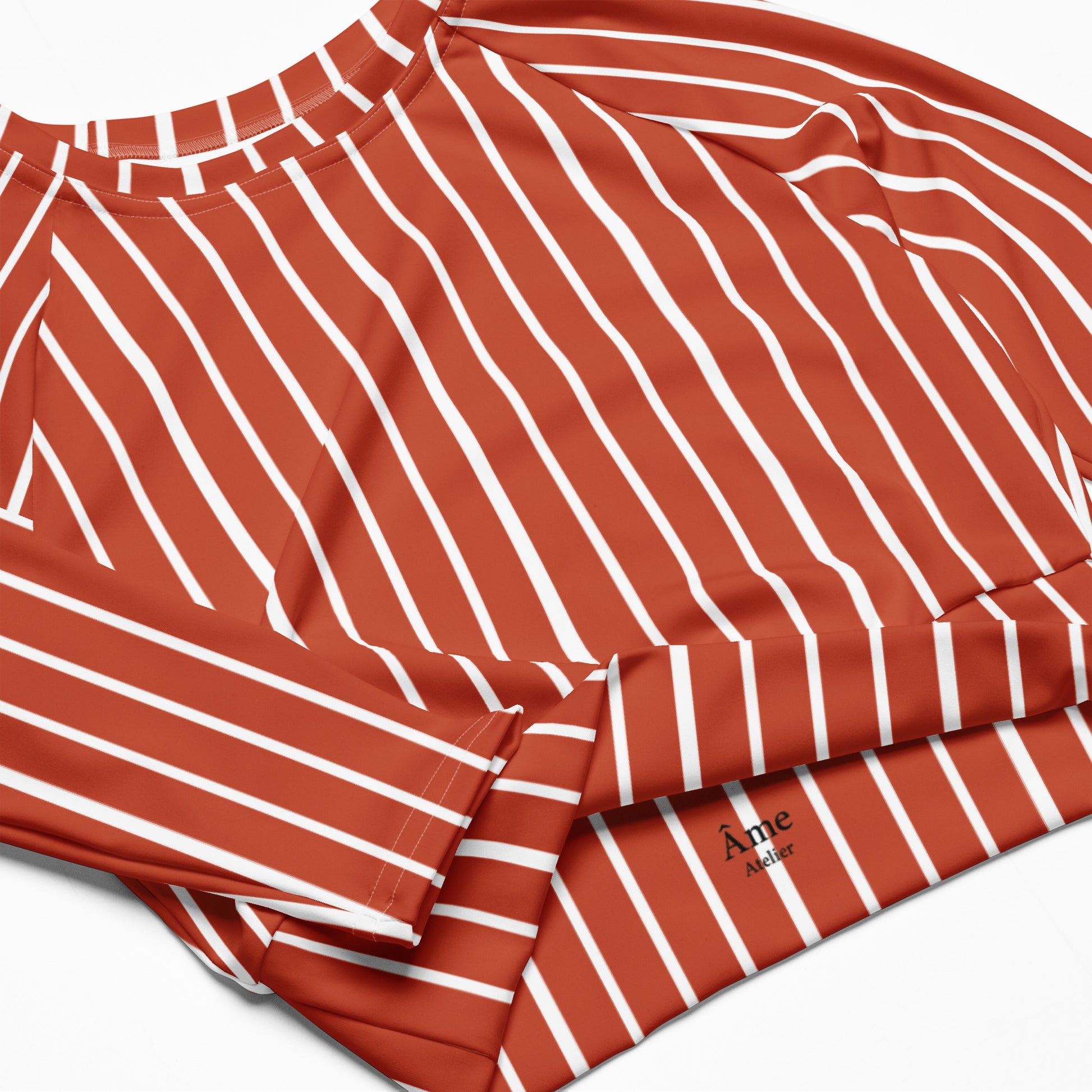 Close up of Le Rayé striped crop top in terracotta