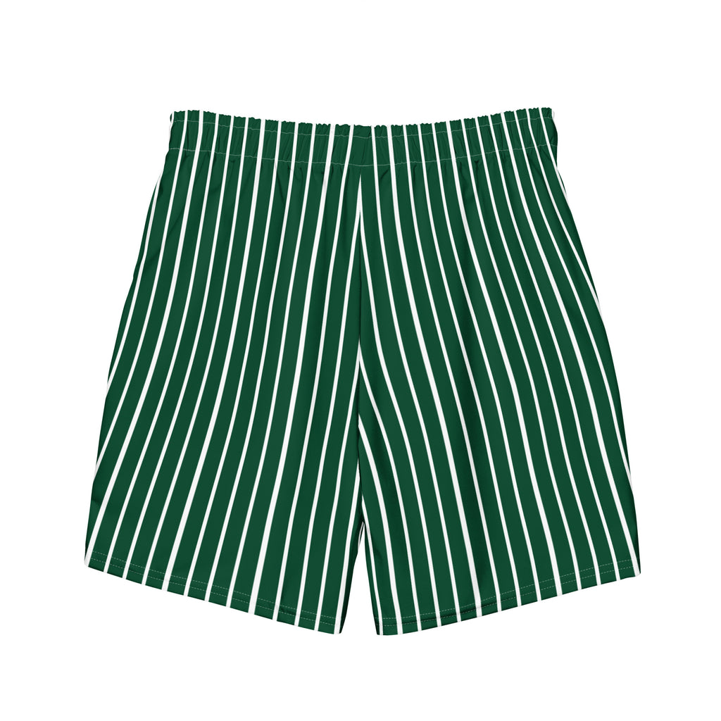 Back view of Le Rayé striped swimming shorts in abyss green