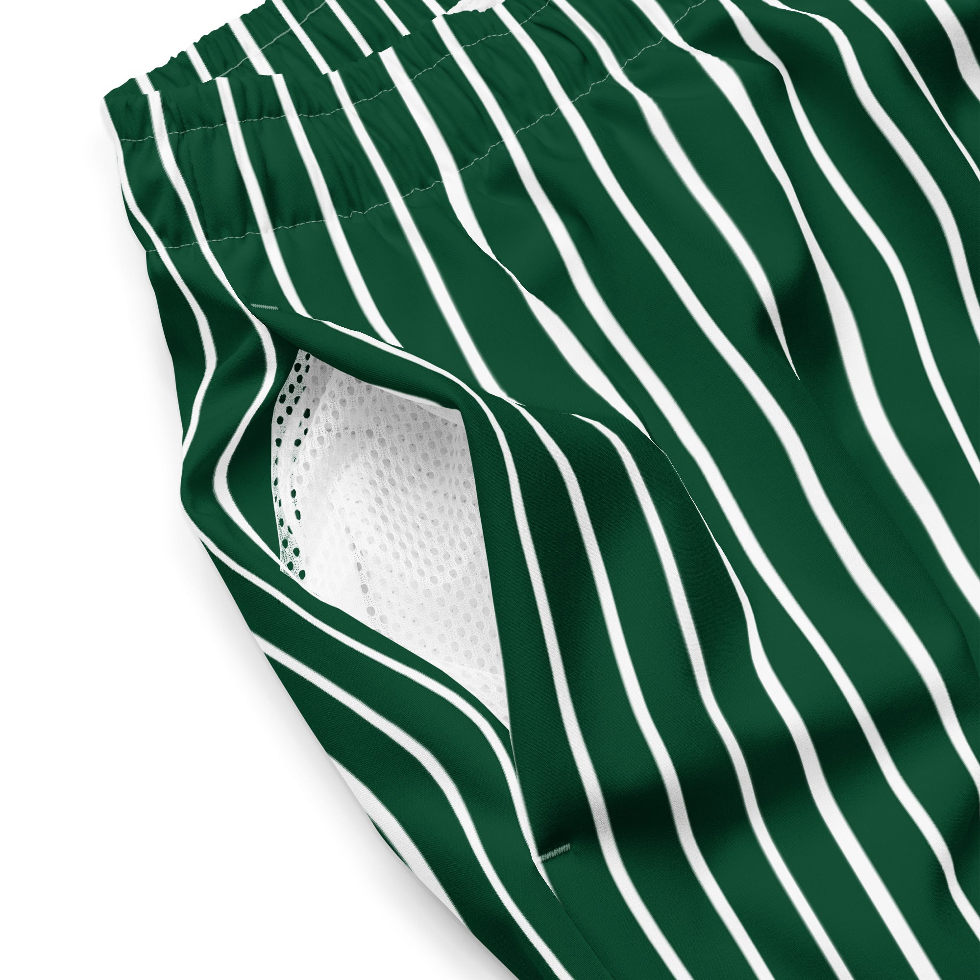 Close up of Le Rayé striped swimmimg shorts in abyss green