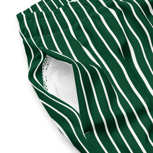 Close up of Le Rayé striped swimmimg shorts in abyss green