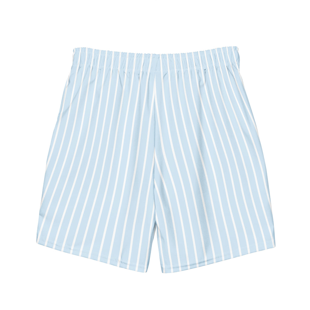 Back view of Le Rayé striped swimming shorts in frozen blue