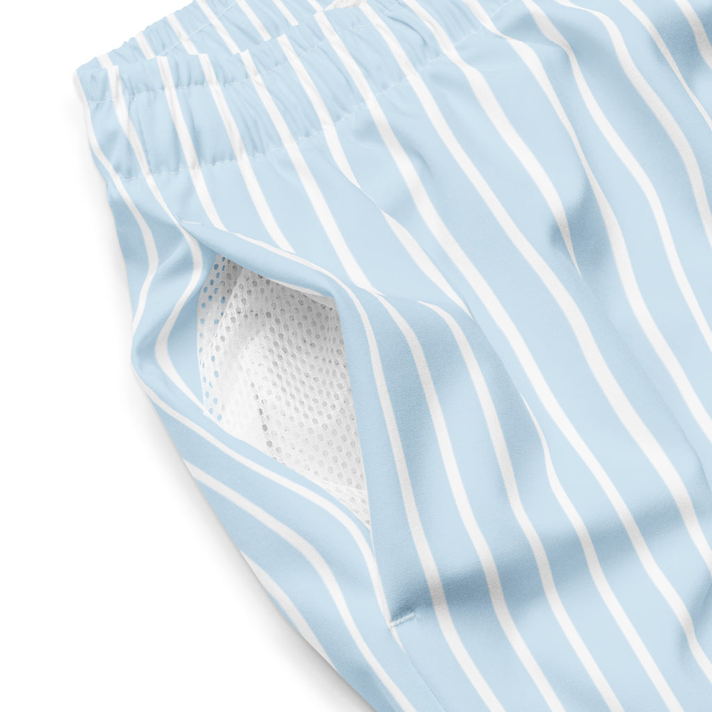 Close up of Le Rayé striped swimming shorts in frozen blue