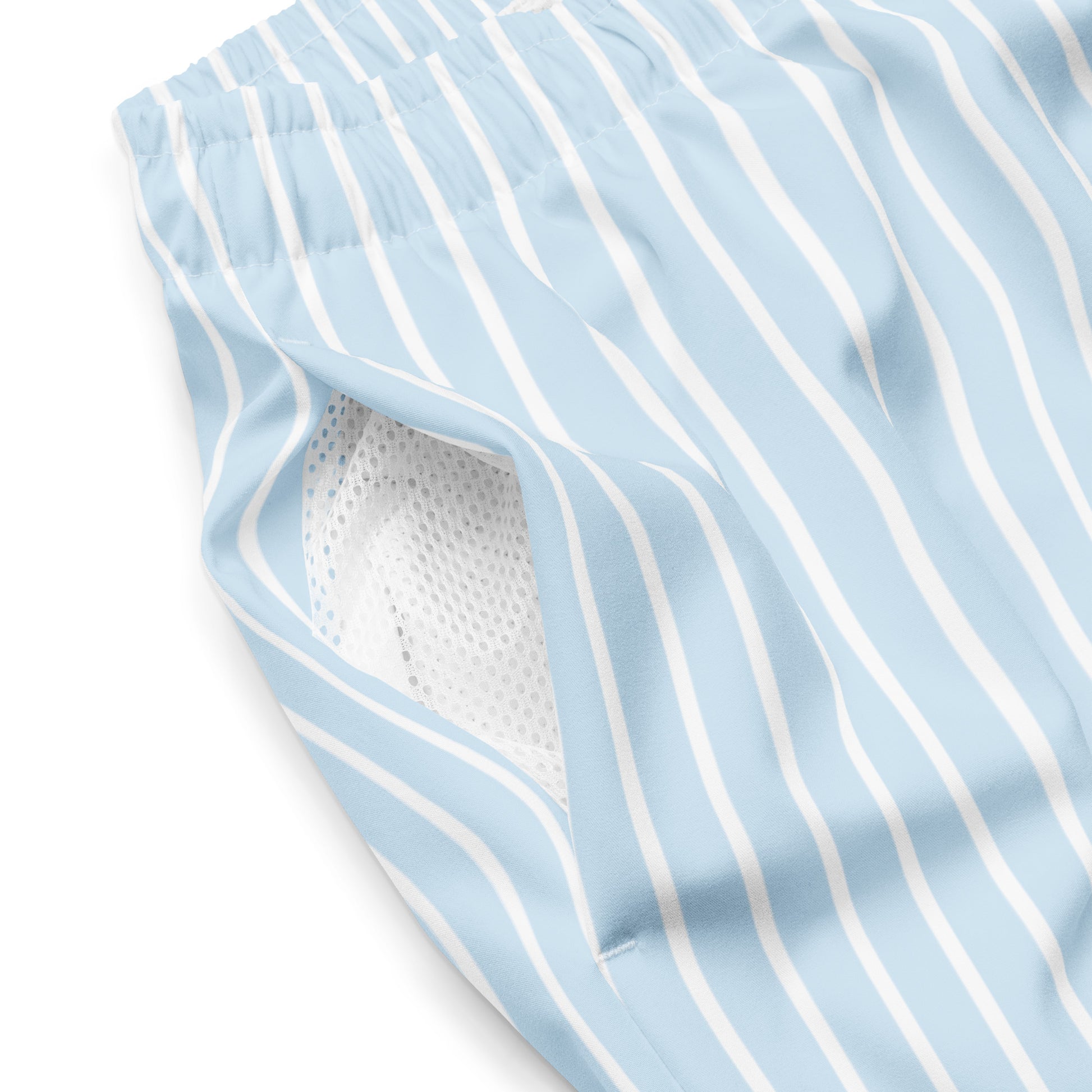 Close up of Le Rayé striped swimming shorts in frozen blue