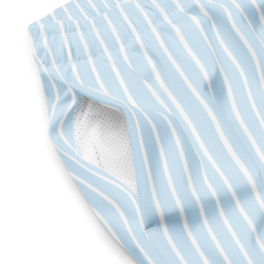 Close up of Le Rayé striped swimming shorts in frozen blue