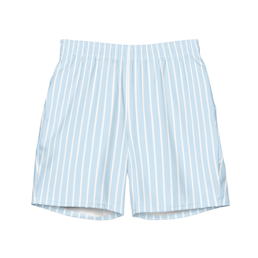 Front view of Le Rayé striped swimming shorts in frozen blue