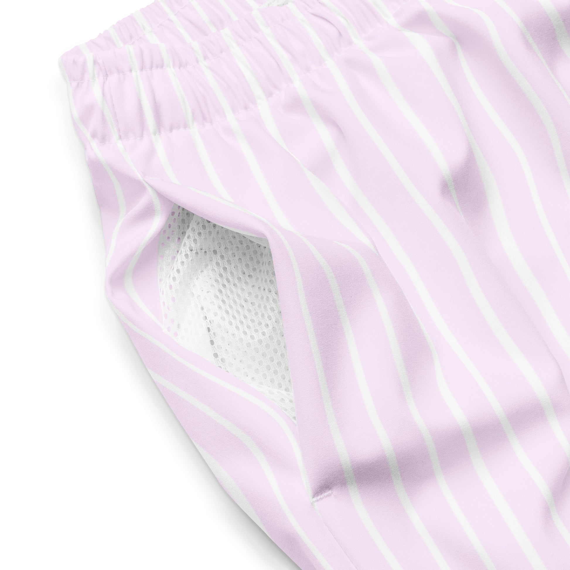 Close up of Le Rayé striped swimming shorts in powder pink