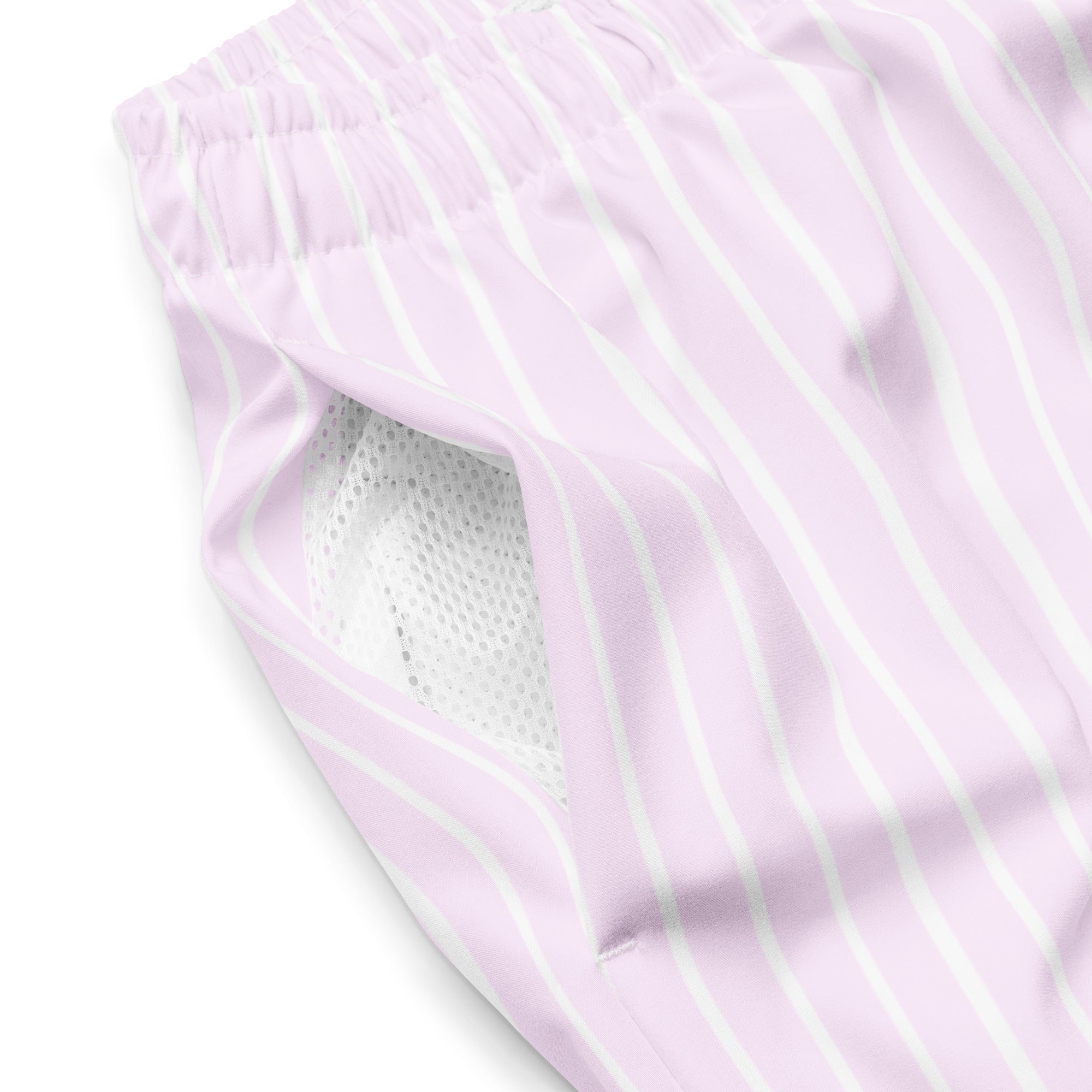 Close up of Le Rayé striped swimming shorts in powder pink
