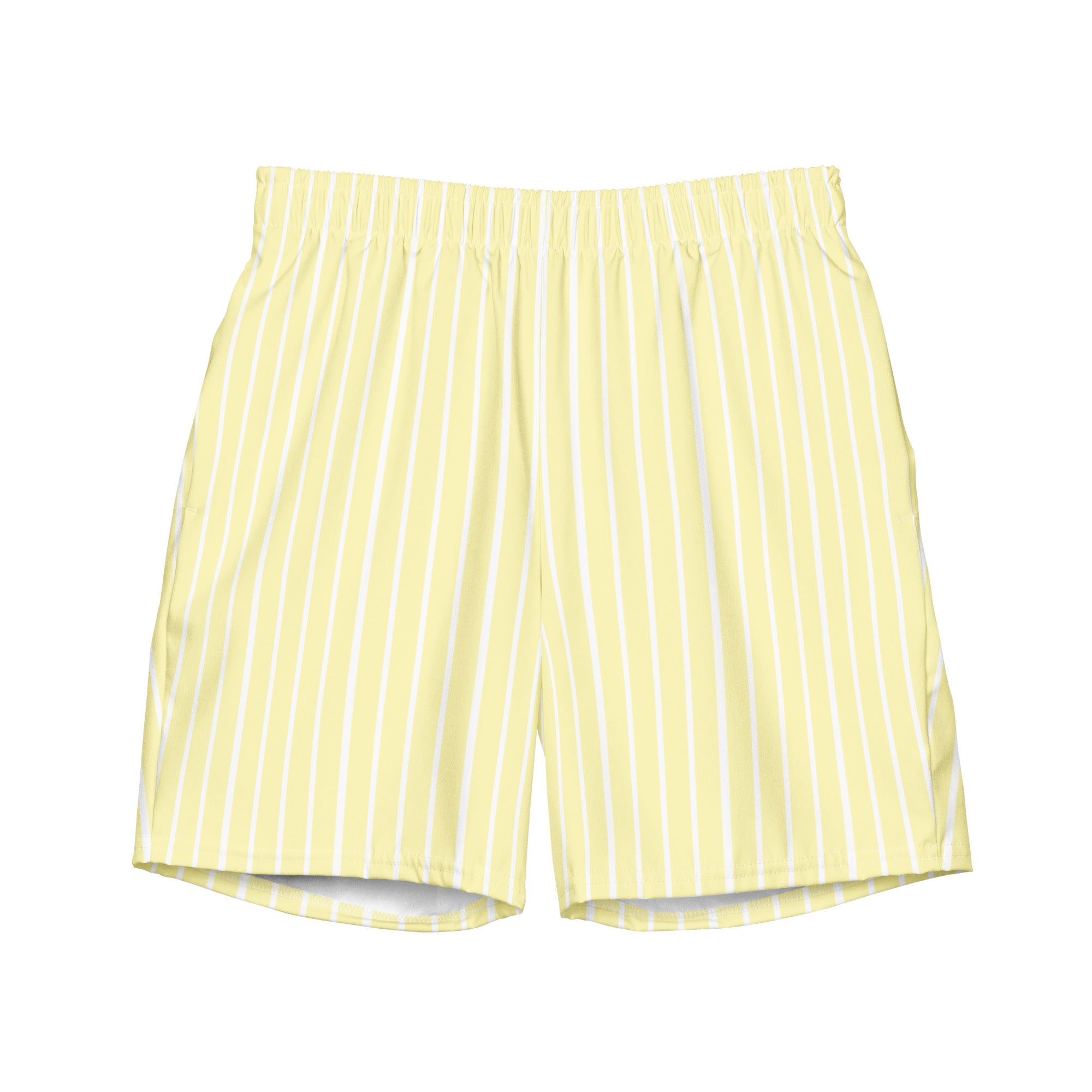 Front view of Le Rayé striped swimming shorts in soft yellow